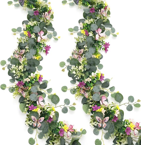 2 Pack 5.68FT Artificial Eucalyptus Flower Garland with 3D Butterfly, Fake Hanging Plants Floral Vines Greenery Daisy Eucalyptus Garland for Wedding Backdrop Arch Wall Party Table Runner Decor