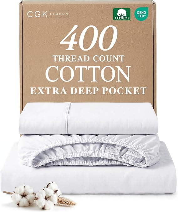 Extra Deep Pockets 400 Thread Count 100% Cotton 3 Piece Twin Size Bedding Sheet Set - Breathable & Cooling - Hotel Luxury Bed Sheets Set - Extra Soft, Wrinkle Free & Comfy White Bedding Sheets Set