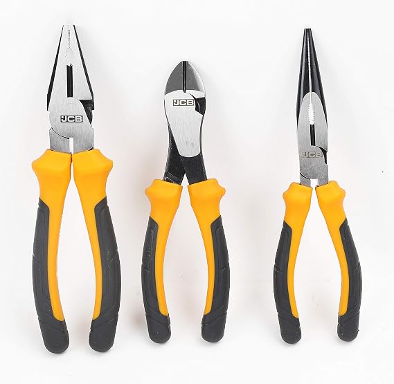 JCB Plier Tool Set | 3 Piece Tool Set Including Linesman, Long Nose & Diagonal Cutting Pliers, Hardened Edges For Precision Pliers, Soft Grip For Safety, JCB-3PC-PL