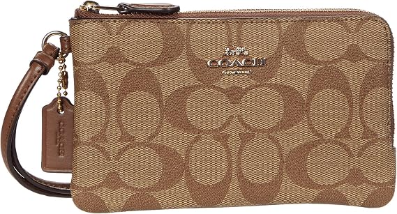 COACH Signature PVC Double Corner Zip, Khaki/Saddle, S
