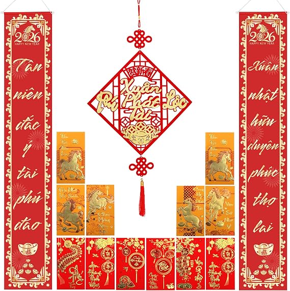 Tet Decorations Vietnamese 2026-1 Pair of Vibrant Banner, 1 "Fu" Symbol & 12 Red Envelopes, Vietnamese Lunar New Year 2026 Decorations Set for Festive Celebrations