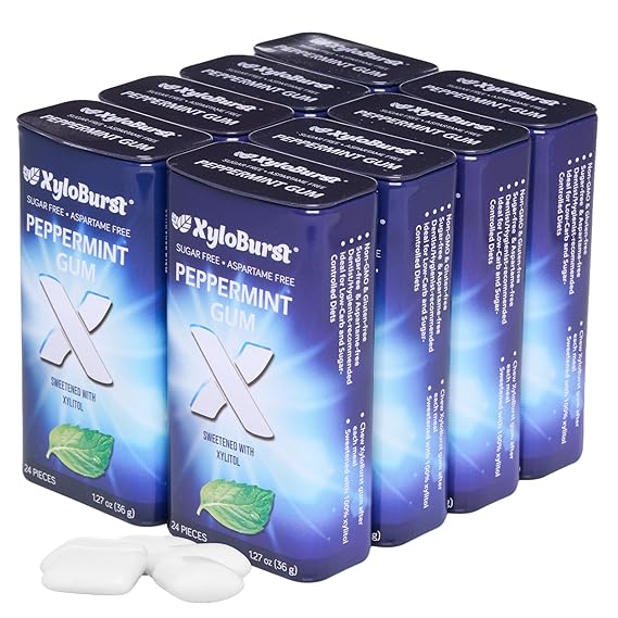 XyloBurst Gum | Xylitol Chewing Gum | Sugar Free, Gluten Free, Keto Friendly | Aspartame Free Gum For Oral Health | Peppermint | 24 Pieces Pack of 8