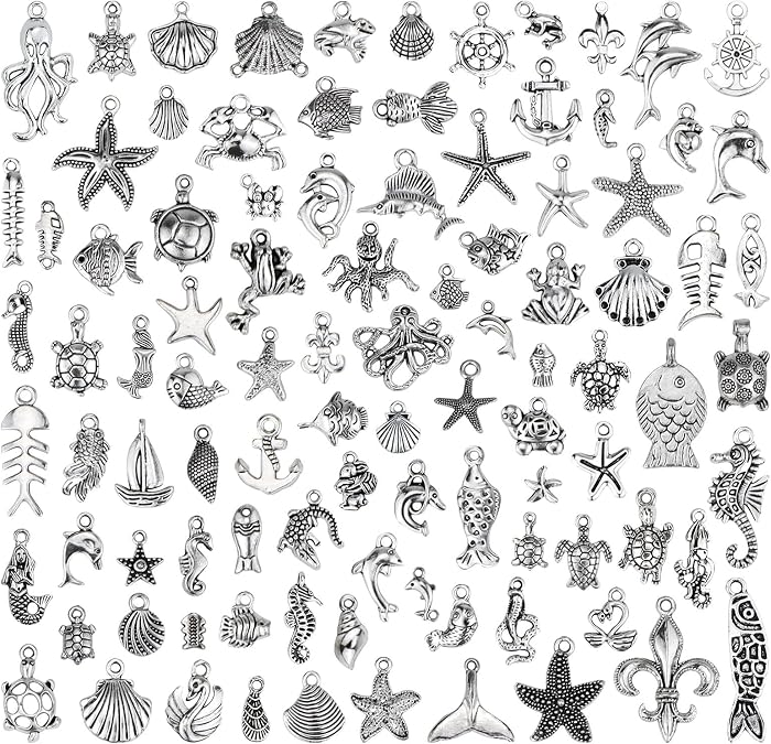 Wholesale 100 Pieces Mix Antique Silver Charm Pendant Collection DIY Jewelry Supply for Necklace Bracelet Dangle Jewelry Making and Crafting, Sea Animals Styles