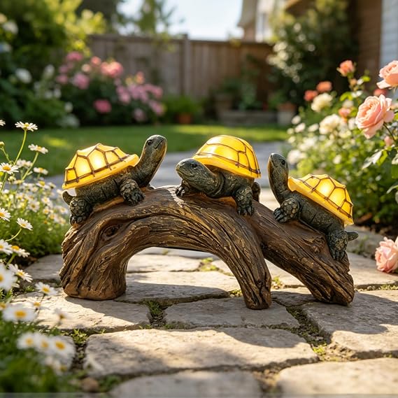 pearlstar Solar Outdoor Statues Turtle on Log Yard Decor Waterproof Figurine Light Garden Decorations Lawn Ornaments for Patio Backyard Gift for Mom Woman Grandma Lovers