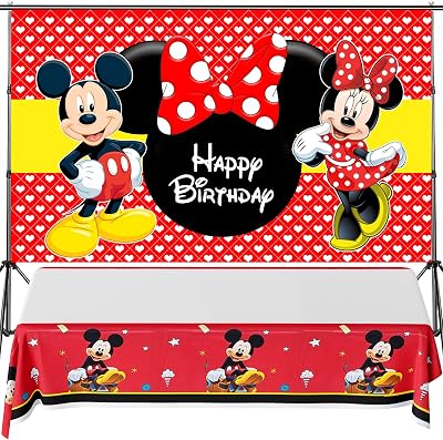 Luckmerry Mickey Minnie Mouse Themed Backdrop and Tablecloth Gift Bags Party Supplies Disney Cartoon Colorful Dots Photography Background Happy Birthday Banner Decorations