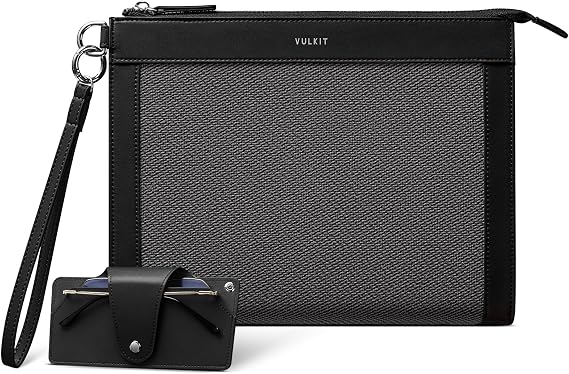 VULKIT Clutch Bag for Men with Removable Glasses Case, Large Mens Wrist Band Wallet, Business Hand Bag, Charcoal Black