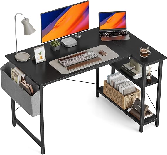 CubiCubi L Shaped Gaming Desk, 100x70 cm Computer Desk with Storage Bag, Small Writing Table with Large Reversible Storage Shelves, Workstation for Study Play Work Home Office, Black