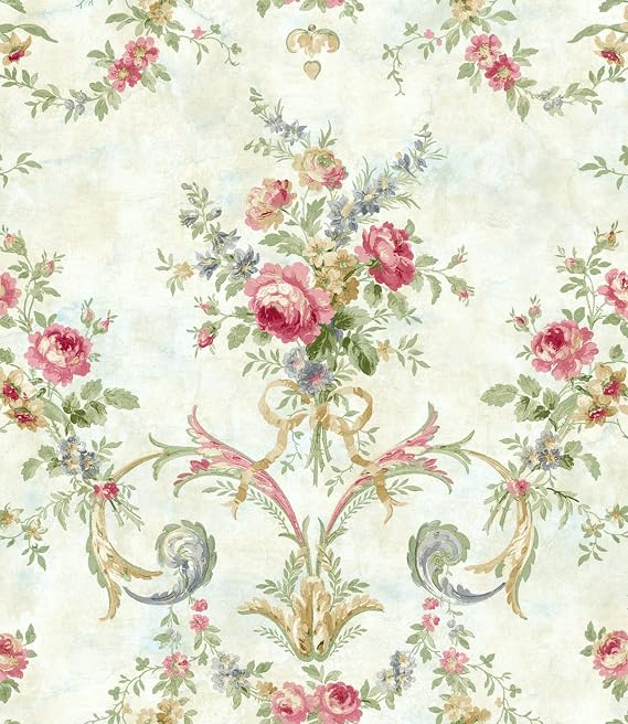 Wallquest Wallpaper Pink & Red Purple Yellow Green Floral on Cream Faux