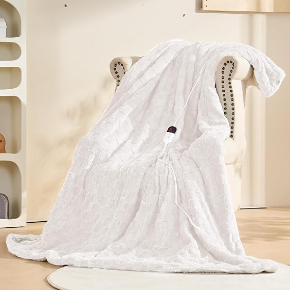 Electric Blanket Throw - Soft Checked Flannel with 6 Heating Levels, 4 Hours Auto-Off, Fast Heating, ETL & FCC Certified, 50"x60", Overheating Protection, Cozy Heated Blanket Throw(White)