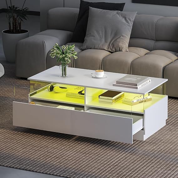 HedoAjim Rectangular Coffee Tables with Storages, Modern White Coffee Table
