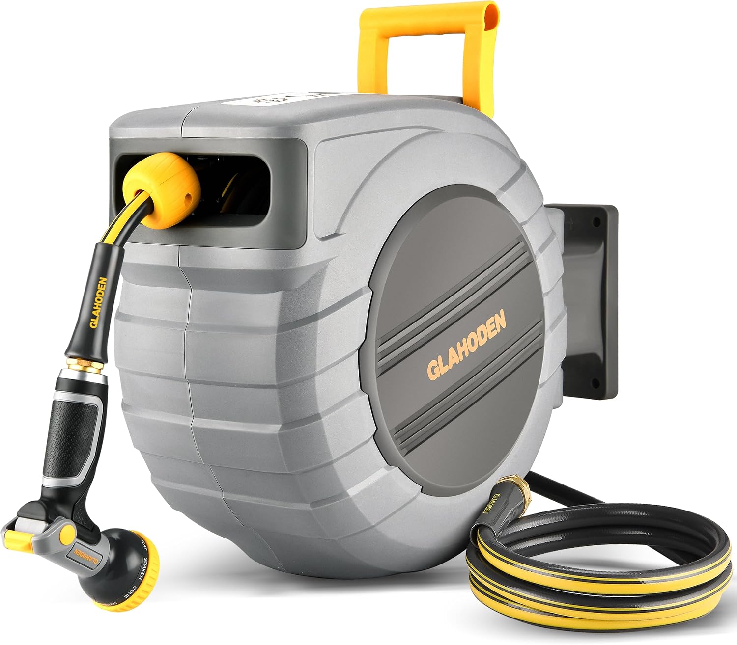 GLAHODEN Retractable Garden Hose Reel 12 in x 140 ft, 2025 Upgraded Dual Ratchet Lock UV & Freeze Protection Brass Seal Slow Retraction Anti-Tangle Hose 180Swivel Reinforced Scaffold Wall Mount