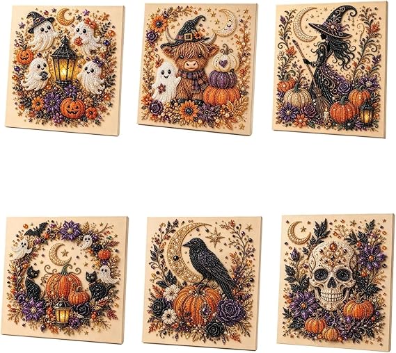 Oanruyan Halloween Pearl Diamond Painting Art Kit with Frame, Spooky Cute 3D DIY Pearl Beads Art Craft for Adults, DIY Fall Home Decor Wall Art, Beginner DIY Seasonal Party Gift (6PCS)