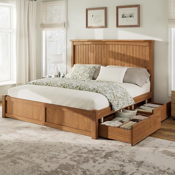 AMERLIFE Solid Wood Queen Storage Bed Frame with 50" Headboard, Brown