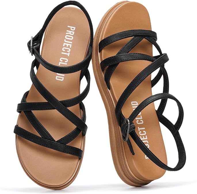 Project Cloud Wedge Sandals for Women 2026 - Comfortable Soft & Plush Insole Strappy Womens Sandals with Lightweight and Non-Slip Durable Outsole (NICE,BLK,9)