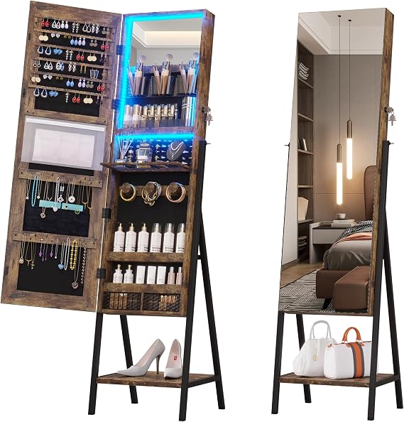 47.2" LED Jewelry Cabinet Armoire, Standing Full-Length Mirror With Jewelry Storage, Jewelry Organizer Armoire, Lockable Jewelry Mirror Cabinet (Rustic Light Brown)