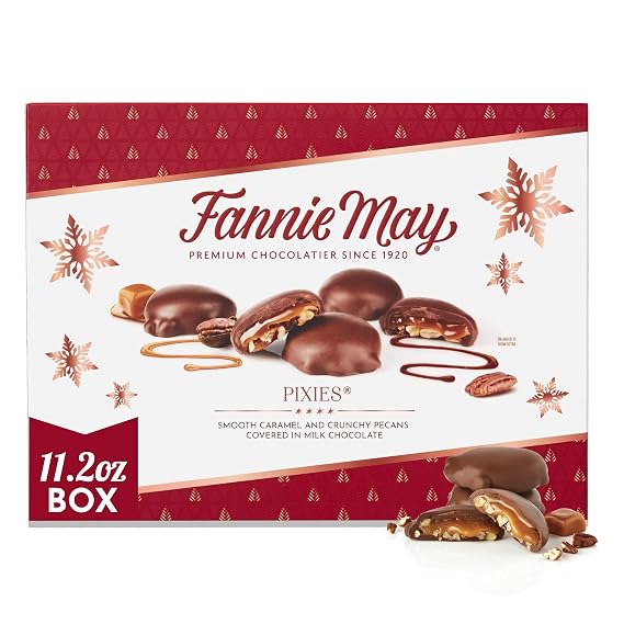 Fannie May Premium Milk Chocolate Pixies with Caramel and Pecans, Holiday Chocolate Gift Box, Great for Sharing, 11.2 oz