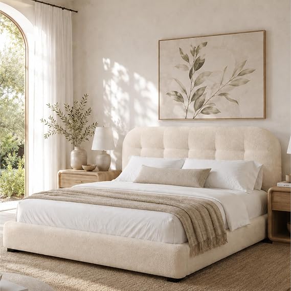 BarnFurin Queen Bed Frame, Modern Upholstered Boucle Platform Bed with Curved Headboard, Soft Rounded Corners Anti-Collision Design, Cloud Aesthetic, No Box Spring Needed, Easy Assembly, Cream