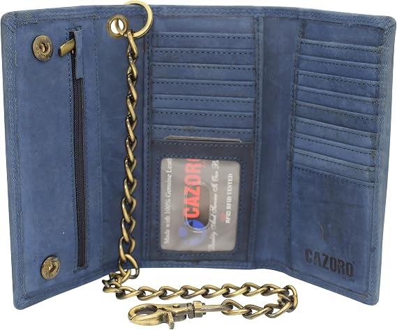 RFID Blocking Mens Tri-fold Long Style Crazy Horse Leather Steel Chain Wallet, (Blue)