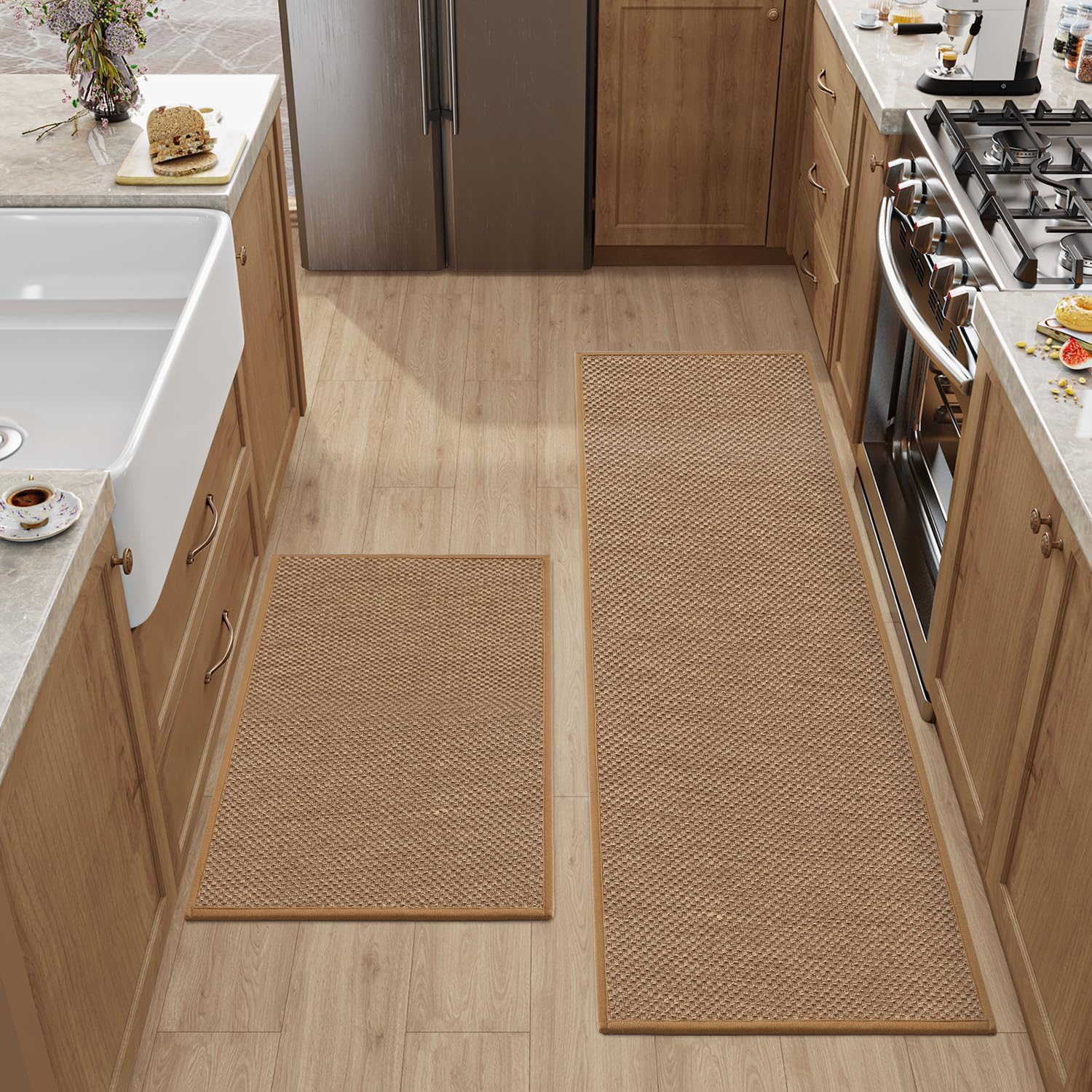 DEXI Kitchen Runner Non-Slip Pack of 2 Hallway Rug Runner for Kitchen Patio & Living Room Kitchen Rug Washable High-Quality Kitchen Mats 43 x 75 cm  43 x 150 cm Brown