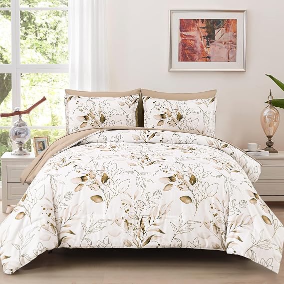 WONGS BEDDING Brown Comforter Set Full Size, 7 Pieces Botanical Bed in a Bag Golden Leaves Bedding Set Soft Microfiber Full (1 Comforter,2 Pillowcase,2 Pillow Shams,1 Flat Sheet,1 Fitted Sheet)