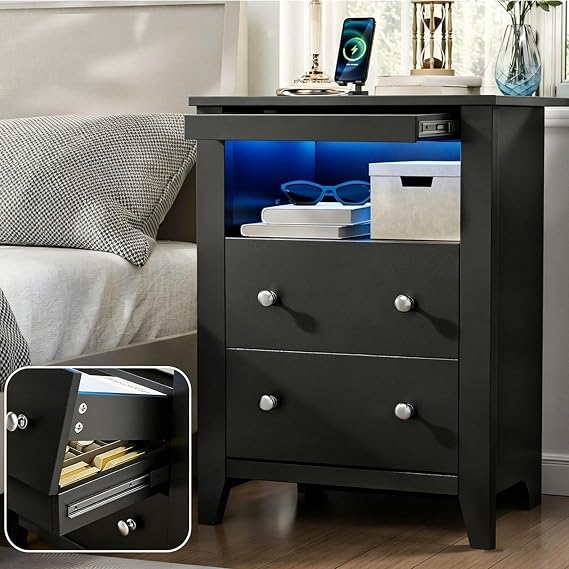 Black Nightstand w/Gun Drawer, Night Stand w/Charging Station & LED Lights | Bedside Table with Tray & 2 Drawers, End Side Table with Hidden Compartment for Valuables Storage