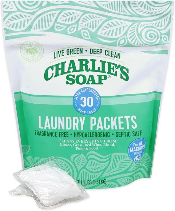 Charlies Soap Fragrance Free Powdered Laundry Detergent Packets 30 Pods (1 Pack)...