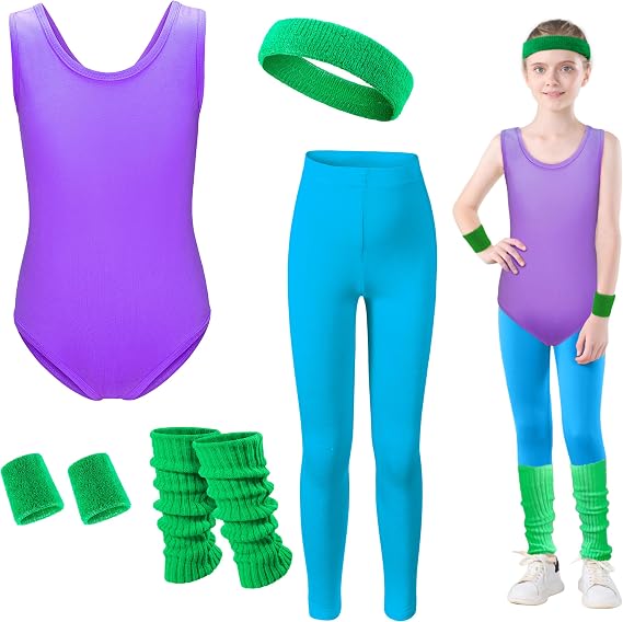 Kids 80s 90s Workout Costume for Girls Neon Party Halloween Cosplay 5Pcs Set