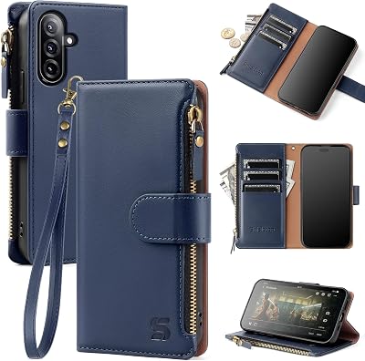 Compatible with Samsung Galaxy A17 5G  A26 5G Wallet Case with Card Holder,PU Leather Phone Case Flip Protective Cover Wrist Strap Zipper Credit Card Slots RFID Blocking Women Men,Blue