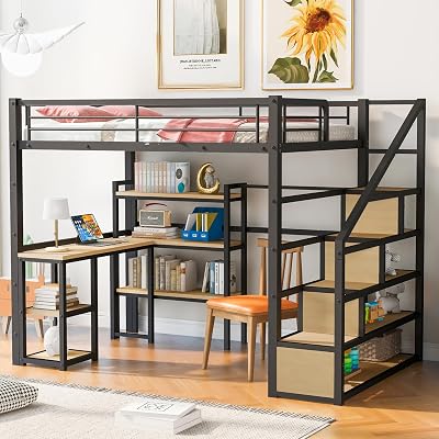Favfurish Full Size Metal Loft Bed with Staircase,Full-Length Guardrails,a Built-in Desk and a 3-Tier Shelf,No Box Spring Needed,Noise Free,for Juniors&Adults,Black