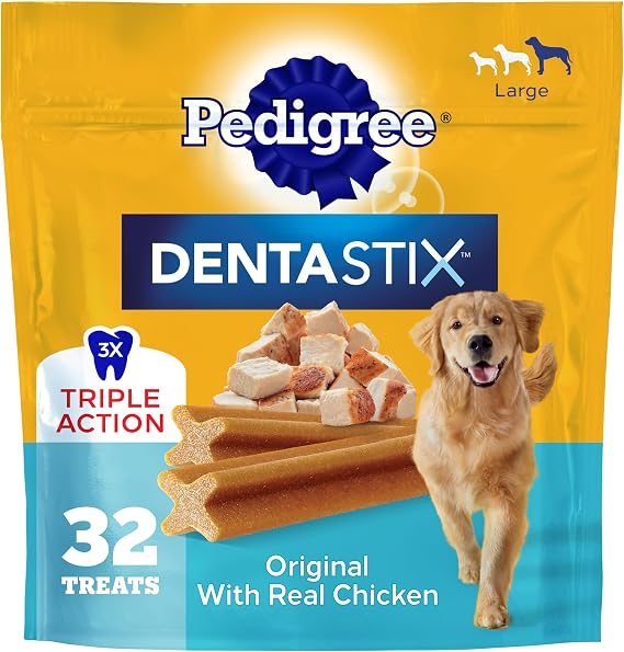 Pedigree Dentastix Large Dog Treats, Original Flavor with Real Chicken, 1.66 lb. Bag (32 Treats Total)
