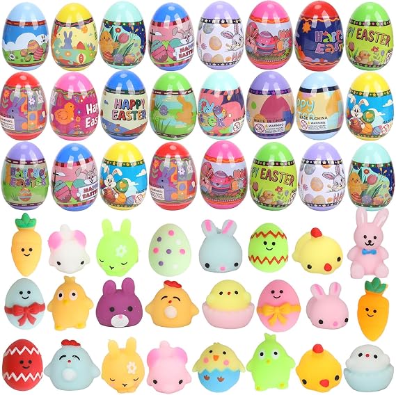 24 Pack Prefilled Easter Eggs with Squishy Toys,Bright Color Plastic Eggs for Kids Boys Girls,Easter Egg Hunt,Easter Basket Stuffers,Party Favors