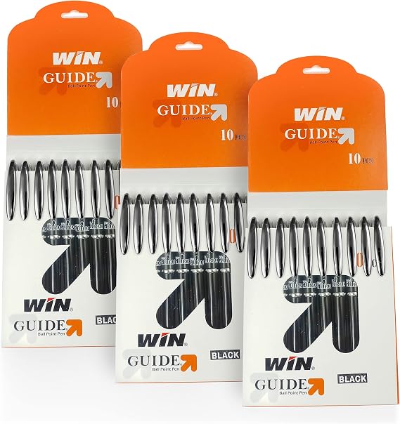 WIN Guide Ball Pens | 30 Black Pens | Premium Pens with Stylish Metallic Clip | 0.6 mm Sharp Tip | Smooth Writing | Lightweight Multicoloured Body Available in Black Colour