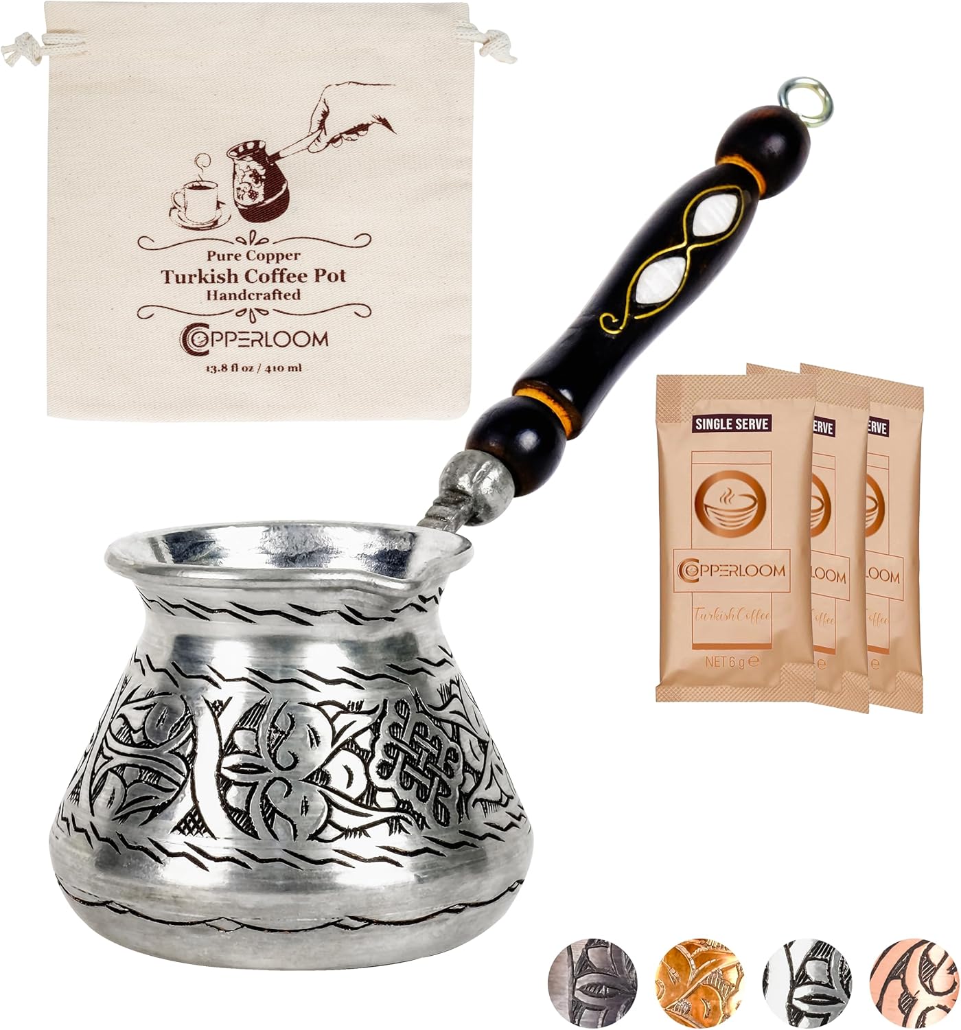 Türk Kahve Demliği| En Kalın Bakır Türk Kahvesi Makinesi| Tereyağı Isıtıcı| Yunan, Arapça, Türk Kahvesi Seti|Kahve Sıcak Çikolata Potası| Cezve| 14 oz, Parlak Gümüş Bakır