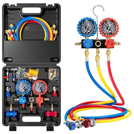 VIVOHOME HVAC Manifold Gauge Set for R134a R1234yf R454B R410a R32 | Automotive Residential AC Gauges with 5ft Hoses, R134a R1234yf Quick Couplers and Can Taps for Car Freon Charging Evacuation