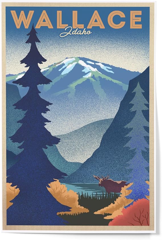 Lantern Press Print, Wallace, Idaho, Mountain and Moose, Lithograph