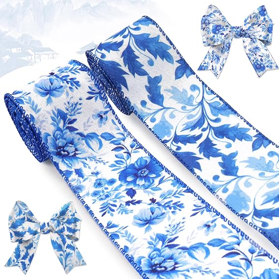 Spring Blue Porcelain Wired Ribbon for Wreath Bows Blue White Chinoiserie Floral Decorative Ribbon 2 Rolls 10 Yards for Spring Wreath DIY Crafting Gifts Wrapping Baby Shower Summer Party Decor