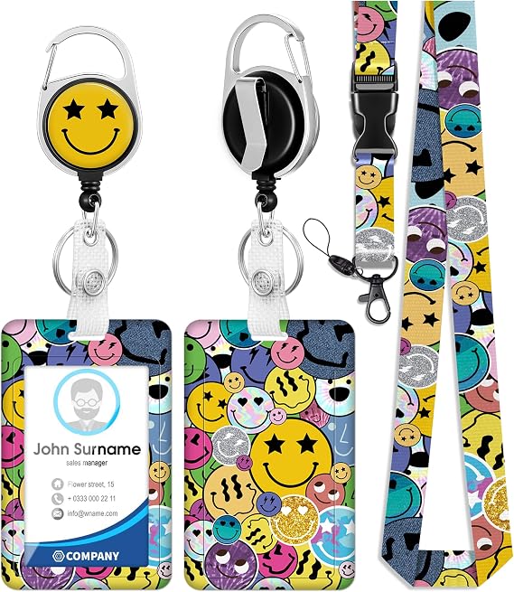 Plifal ID Badge Holder with Lanyard and Retractable Badge Reel Belt Clip,Cute Smile Smiling Face Keychain Lanyards Clip on Badge Extender Vertical ID Sleeve for Women Colorful