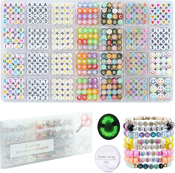 FZIIVQU Letter Beads for Bracelets Making Kit 1400pcs Alphabet Bead for Jewelry Making Set 6 Colors 4x7mm Acrylic Round Number Heart Smile Face Beads etc