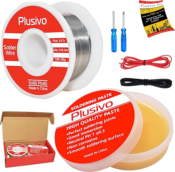 Solder Wire and Rosin Paste Flux Kit - 60-40 Tin Lead Rosin Core Solder Wire (0.8mm, 50g) and Rosin Paste Flux for PCB Electrical Soldering and DIY from Plusivo