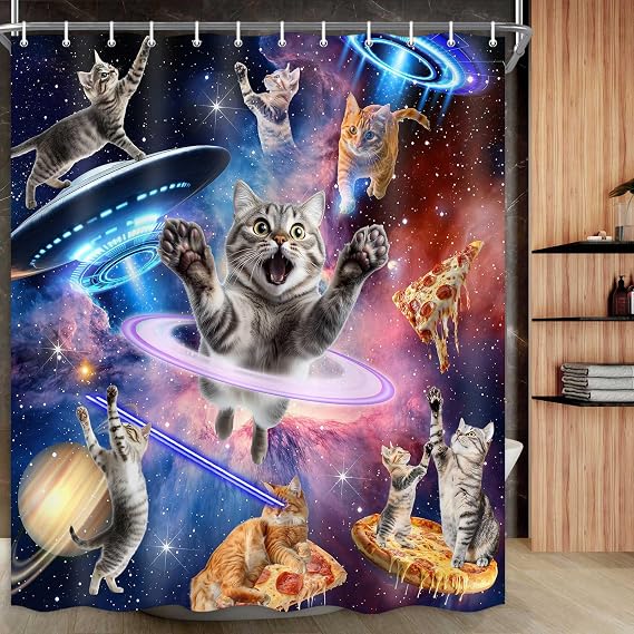 Drgilau Funny Cat Shower Curtain Cool Outer Space Shower Curtains for Boys Kids, Hilarious Cat Galaxy Universe Bathroom Curtain Decor Waterproof Fabric Bath Curtains with 12 Hooks 72X72 Inch