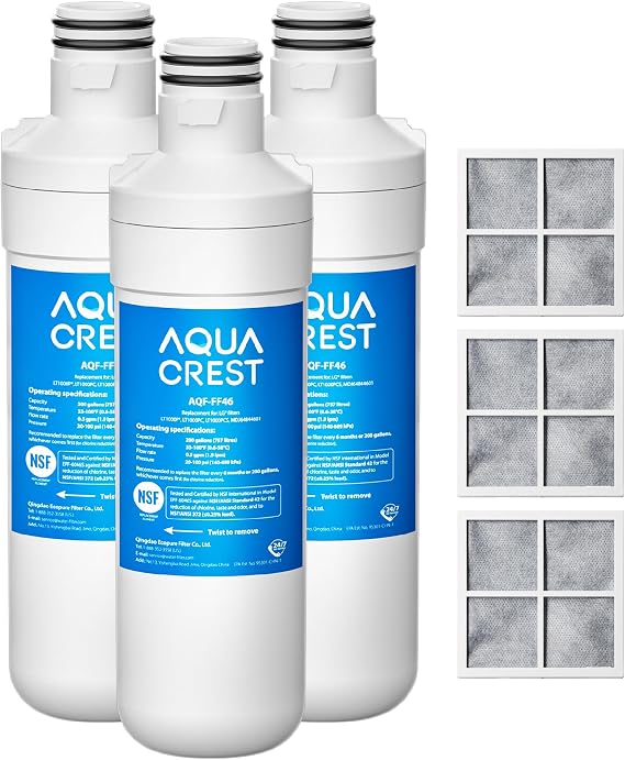 AQUA CREST LT1000PC Refrigerator Water Filter and Air Filter, 3 Combo | Replacement for LG LT1000P, LT1000PC, LT1000PCS, ADQ74793501, ADQ74793502, LFXS26973S, LMXS28626S, Kenmore 469980, 9980
