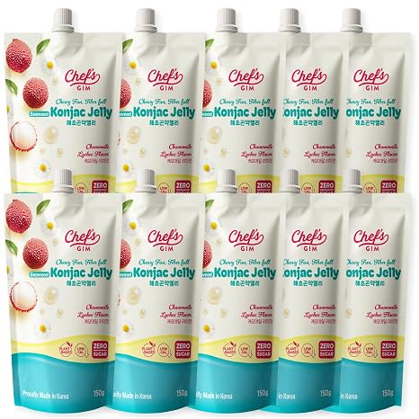 Chef's Gim Konjac Drink Jelly Set of 10 x 150 g Vegan Low Calory Sugar-Free & High Fibre 3 Varieties: Peach Black Tea Chamomile Lychee Lavender/Apple Mango (Chamomile Lychee)