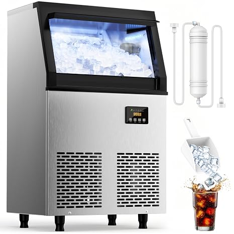 Coolski Commercial Ice Maker Machine 120LBS/DAY, Stainless Steel Ice Maker with 35LBS Storage, Self-Cleaning, Perfect for Home/Commercial Use, Gravity Drain