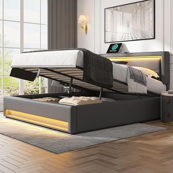 4ft6 Double Ottoman Bed With Storage, Hydraulic Lift Upholstered Bed Frame with LED Lighting & USB & Wireless Charging, PU Leather Functional Beds With Adjustable Headboard & Slats, No Mattress, Grey