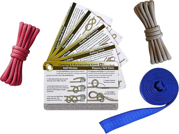 Outdoors Knot Tying Kit: Knot Guide, Webbing, and Paracord | Waterproof outdoor knot cards & webbing/paracord for knot tying practice. Great for camping, backpacking, scouting.
