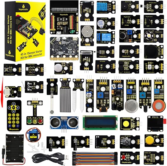 KEYESTUDIO BBC Micro:bit 45 in 1 Sensor Modules with Microbit V2 Board, Breakout Board, I2C LCD, OLED Display, Water Level, Relay, PDF Tutorials Coding for Beginners in Programming