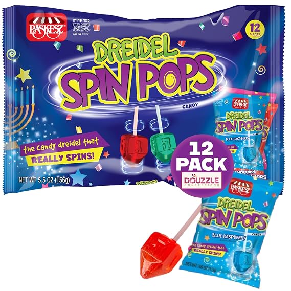 DOUzzle Kosher, Hanukkah Candy Dreidels for Kids, Dreidel Spin Pops, Individually Wrapped Assorted Fruity Flavors (Pack of 1) Hanukah Party Favors, Happy Chanuka Sweet Treat & Gifts