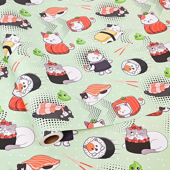 Dtiafu Sushi Cat Wrapping Paper Roll Funny Kawaii Cat Japanese Gift Wrap for Girls Boys Women Pet Lovers Birthday Holiday Baby Shower - Total 28.5sq.ft