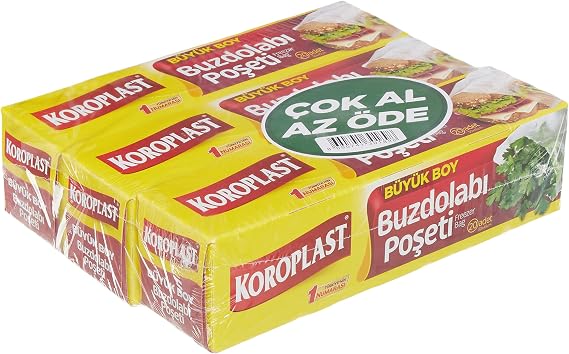 Koroplast 3'lü Çok Al Az Öde Ekonomik Paket Büyük Boy 60'lı Buzdolabı Poşeti, Sızdırmaz & BPA İçermez Gıda Saklama Torbası, Et, Tavuk, Balık, Sebze, Meyve, Çorba, Sos, Peynir, Kuruyemiş, Sandviç