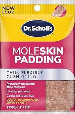 Dr. Scholls Moleskin Padding Strips, 3 Strips  Thin, Flexible Cushioning & Pain Relief - Cut to Any Size - Doctor Recommended - Strip Size 4 18 Inches X 3 38 Inches